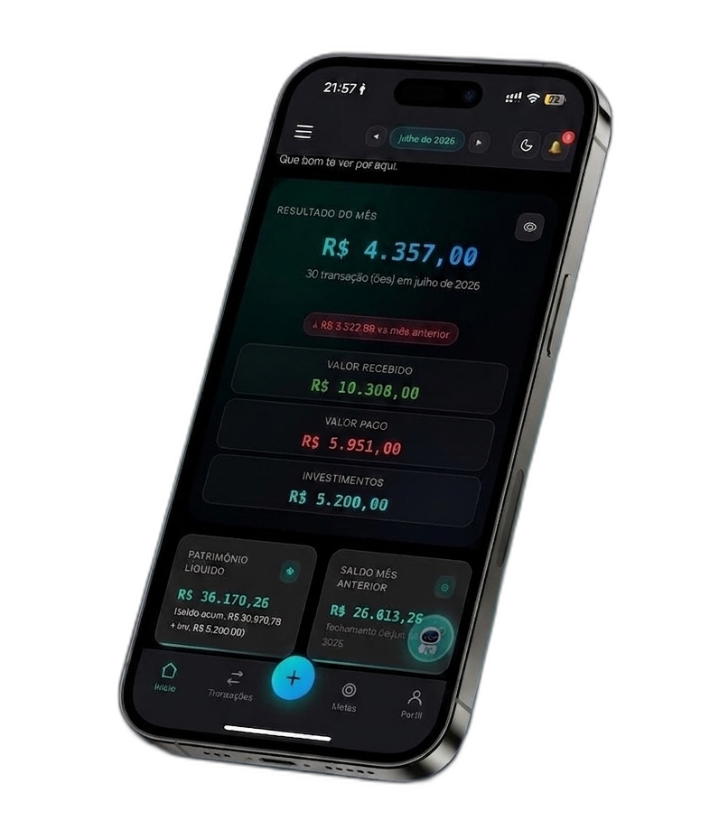 Aplicativo Cuide da Grana aberto no celular, mostrando o resumo financeiro do mês