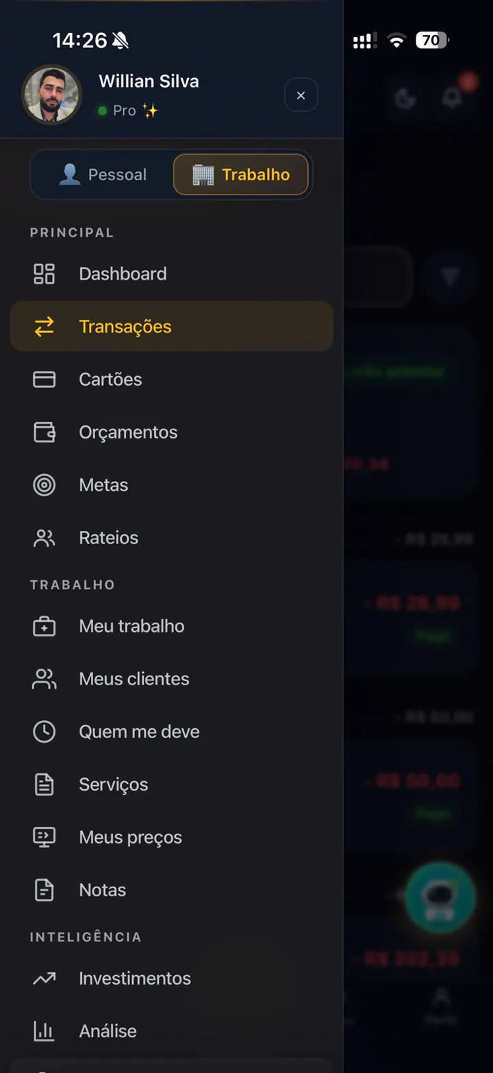 Menu do app com os modos Pessoal e Trabalho e as telas Quem me deve, Meus preços e Notas