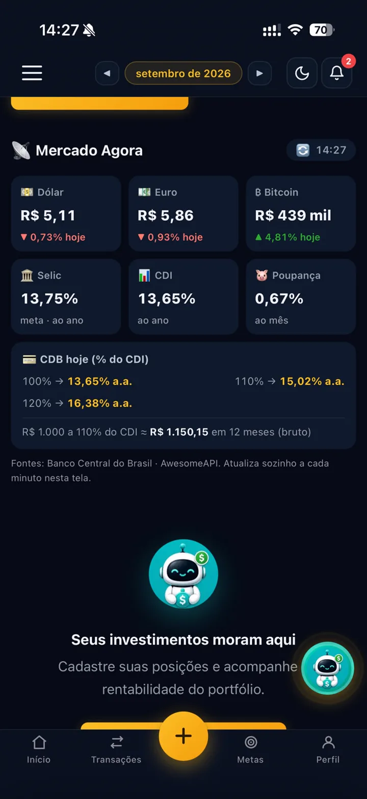 Tela Mercado Agora com dólar, euro, bitcoin, Selic, CDI e rendimento de CDB