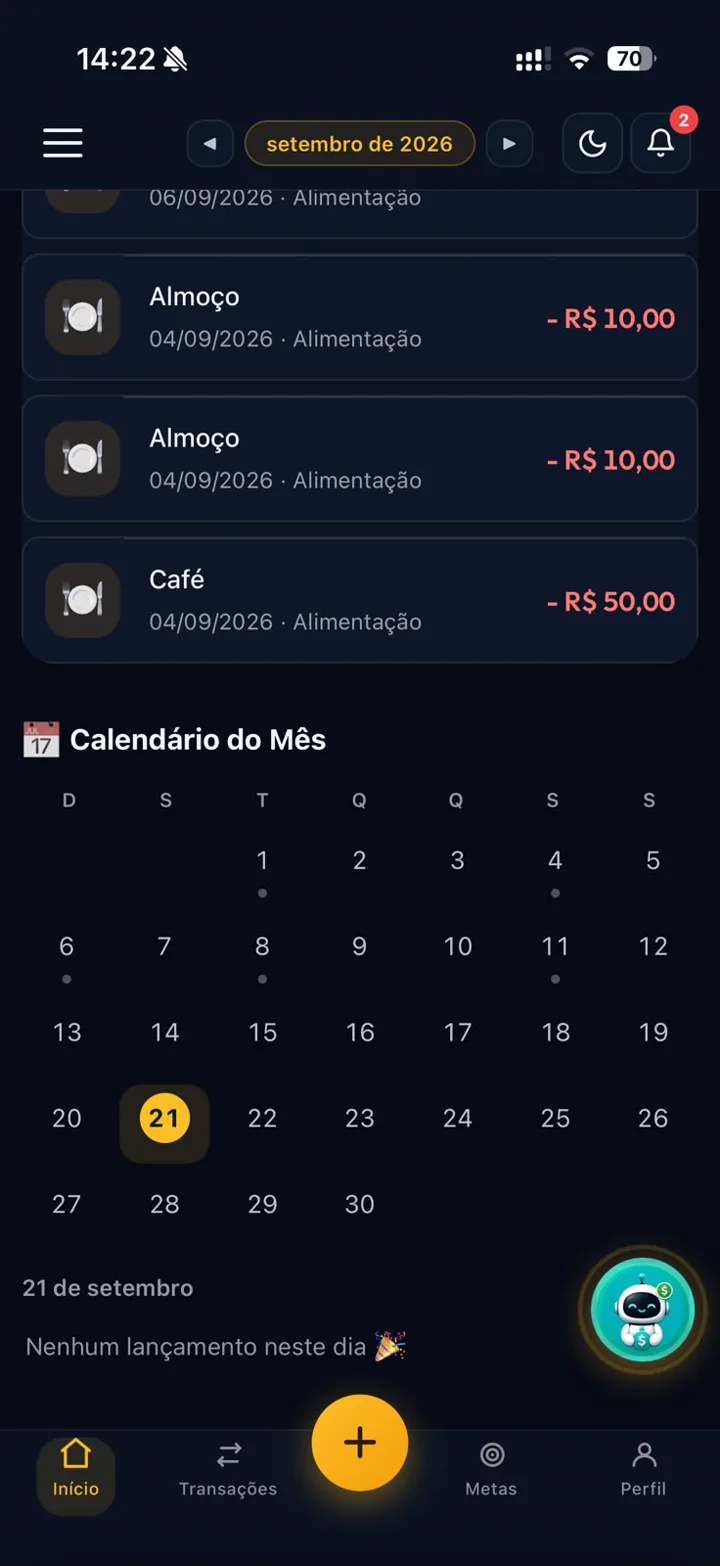 Lista de lançamentos e calendário do mês com os dias marcados